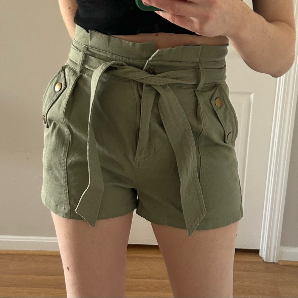 Large, sage army green shorts. Waist tying belt